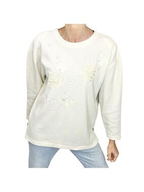 Vintage 90s boxy cream embroidered applique ribbed knit grandma sweater M